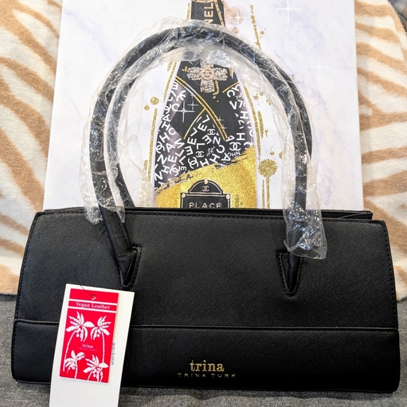 Trina Turk Colorblock Satchel with detachable shoulder strap, Black w/Black, NWT - Picture 1 of 9